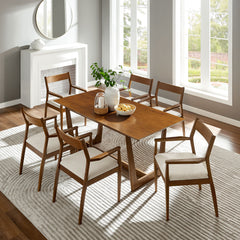 Solara Walnut Heathered Weave Beige 7-Piece Wood Dining Set with Fabric Upholstered Armchairs - Ornate Home