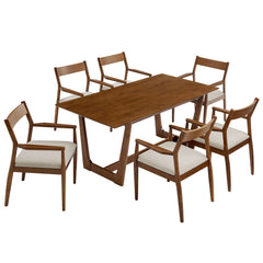 Solara Walnut Heathered Weave Beige 7-Piece Wood Dining Set with Fabric Upholstered Armchairs - Ornate Home