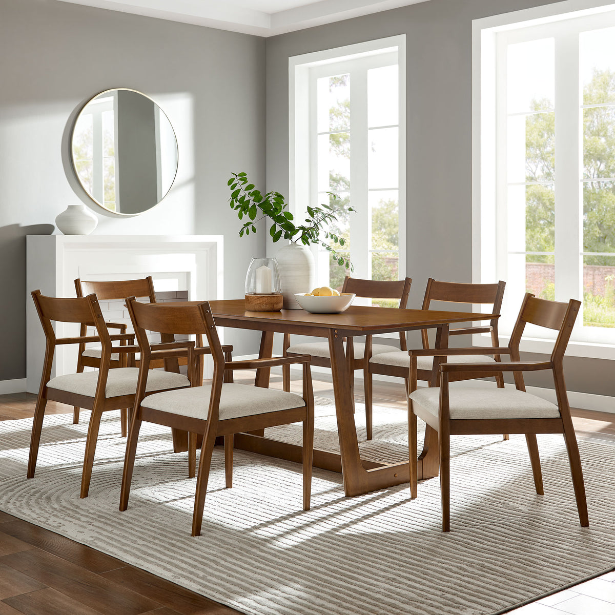 Solara Walnut Heathered Weave Beige 7-Piece Wood Dining Set with Fabric Upholstered Armchairs - Ornate Home