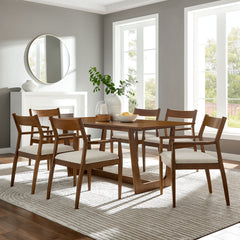 Solara Walnut Heathered Weave Beige 7-Piece Wood Dining Set with Fabric Upholstered Armchairs - Ornate Home