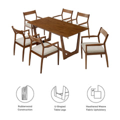 Solara Walnut Heathered Weave Beige 7-Piece Wood Dining Set with Fabric Upholstered Armchairs - Ornate Home