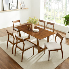Solara Walnut Heathered Weave Beige 7-Piece Wood Dining Set with Fabric Upholstered Side Chairs - Ornate Home