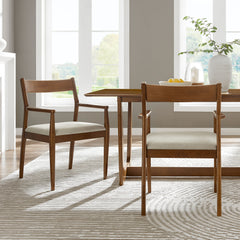 Solara Walnut Heathered Weave Beige Fabric Wood Dining Armchairs (Set of 2) - Ornate Home
