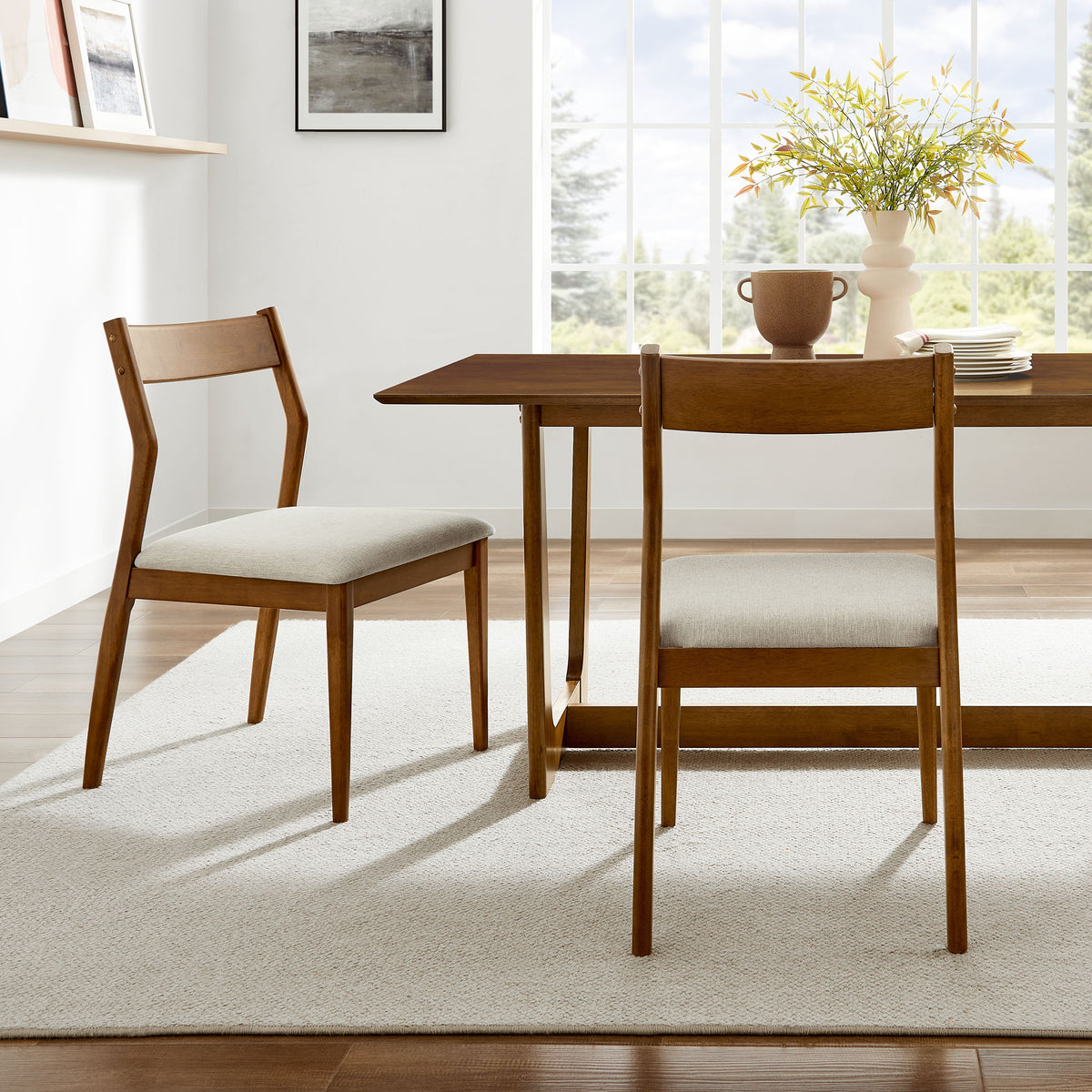Solara Walnut Heathered Weave Beige Fabric Wood Dining Side Chairs (Set of 2) - Ornate Home