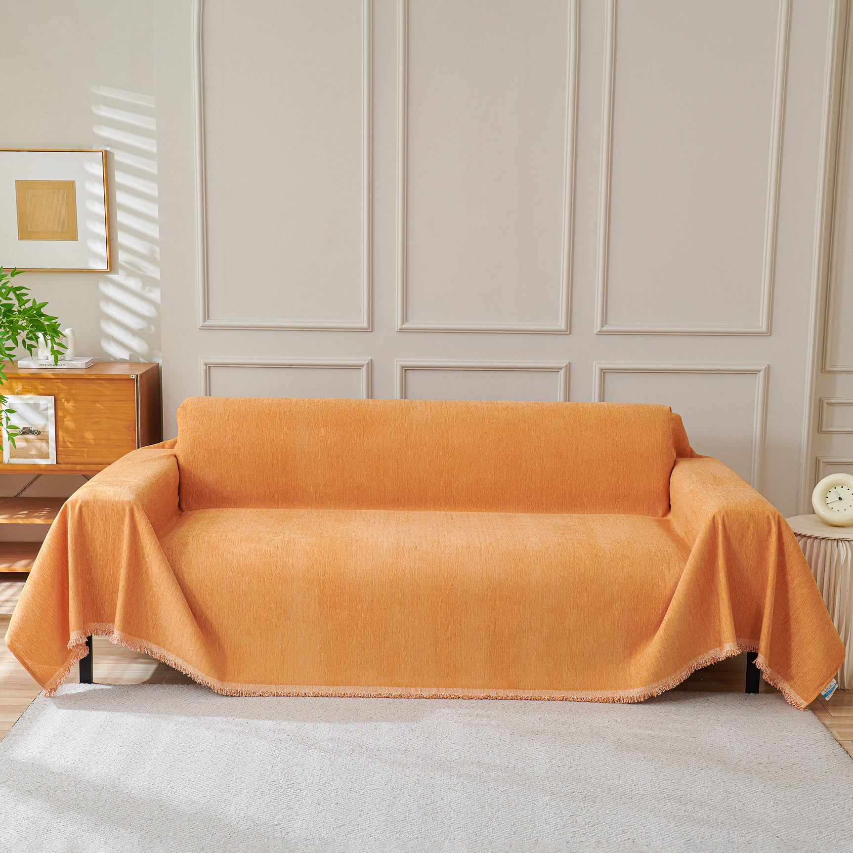 Solid Color Chenille Sofa Throw Blanket, Cozy & Easy Care Fringed Furniture Protector - Ornate Home