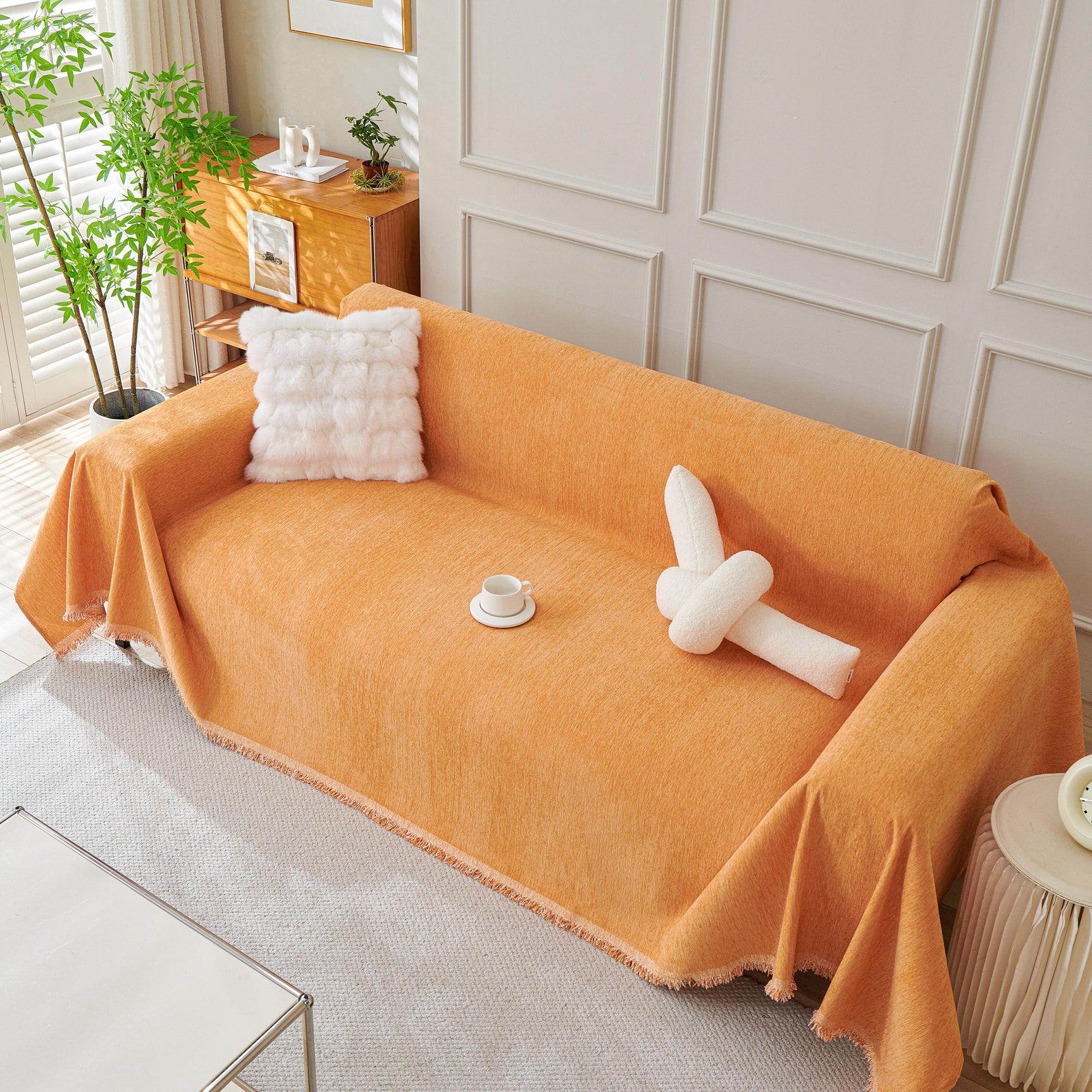 Solid Color Chenille Sofa Throw Blanket, Cozy & Easy Care Fringed Furniture Protector - Ornate Home