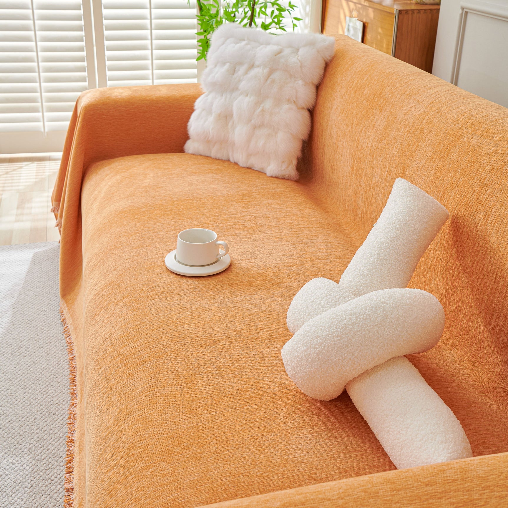 Solid Color Chenille Sofa Throw Blanket, Cozy & Easy Care Fringed Furniture Protector - Ornate Home