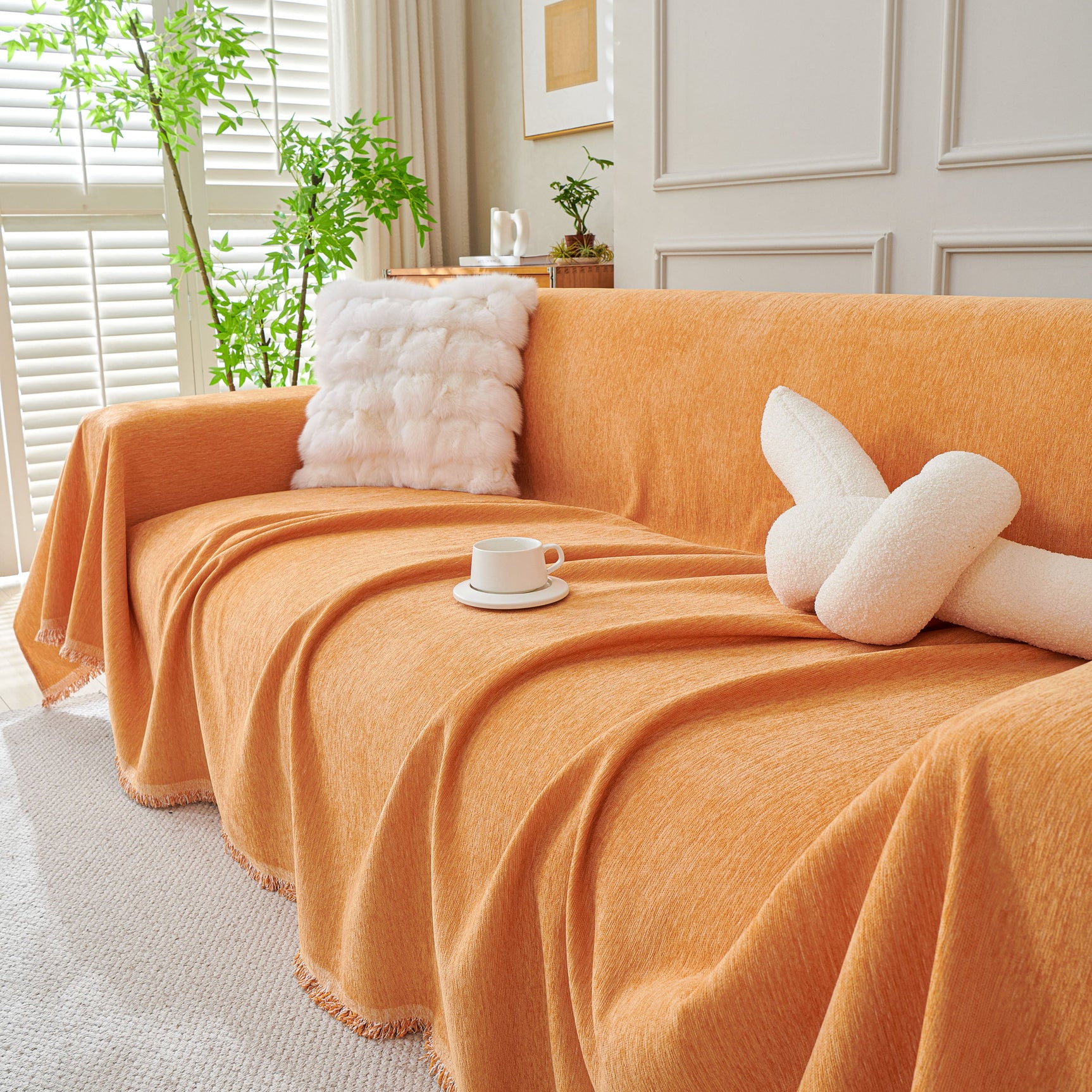 Solid Color Chenille Sofa Throw Blanket, Cozy & Easy Care Fringed Furniture Protector - Ornate Home