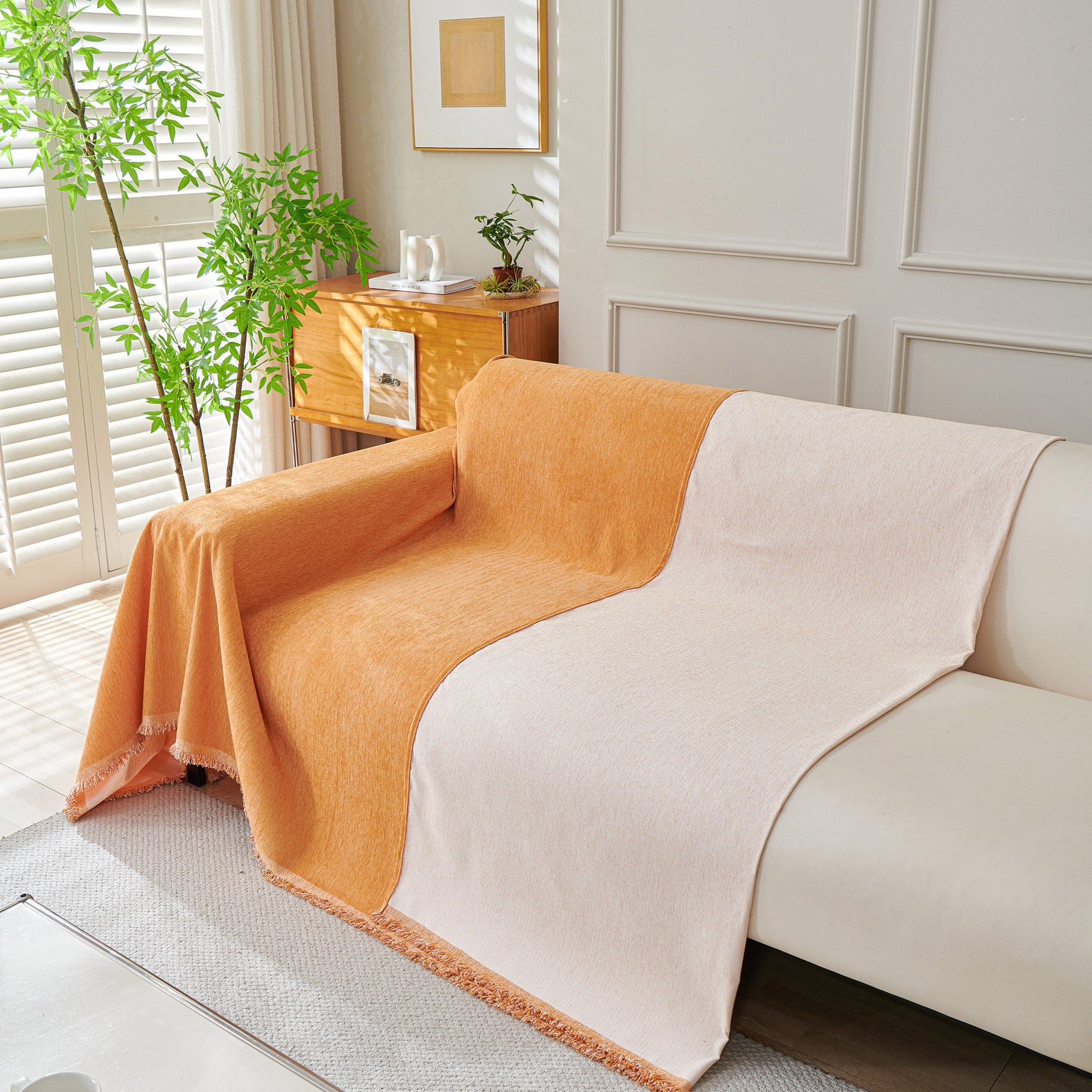 Solid Color Chenille Sofa Throw Blanket, Cozy & Easy Care Fringed Furniture Protector - Ornate Home