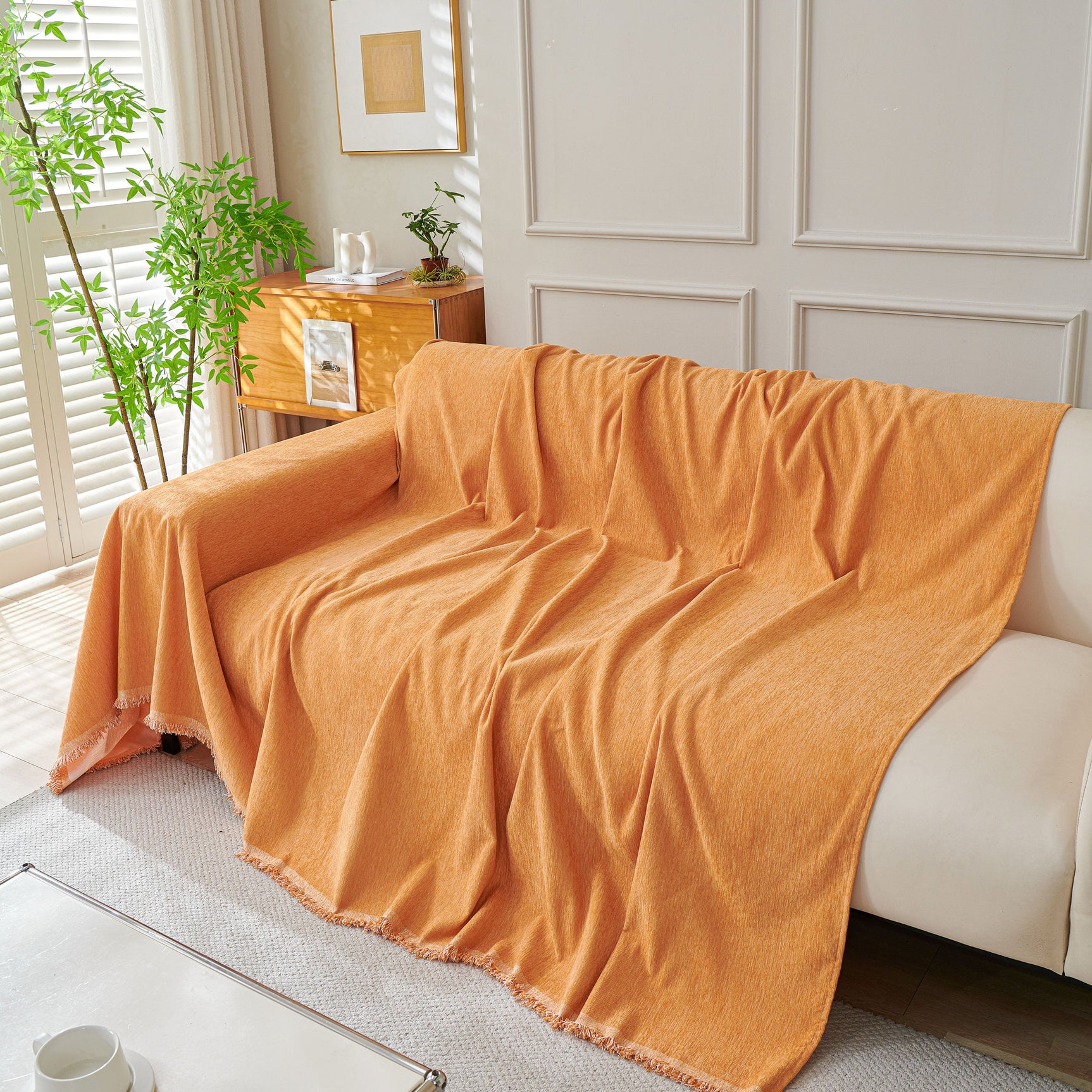 Solid Color Chenille Sofa Throw Blanket, Cozy & Easy Care Fringed Furniture Protector - Ornate Home