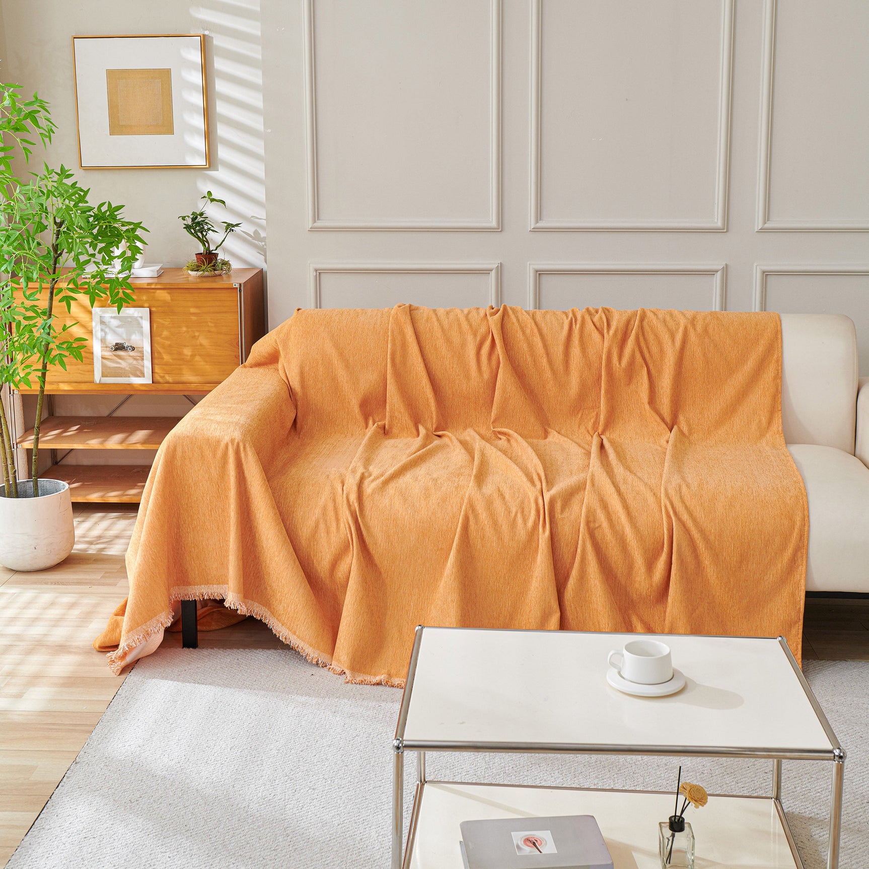 Solid Color Chenille Sofa Throw Blanket, Cozy & Easy Care Fringed Furniture Protector - Ornate Home