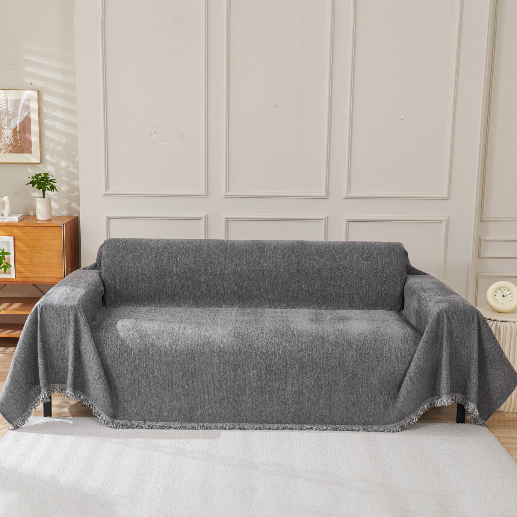 Solid Color Chenille Sofa Throw Blanket, Cozy & Easy Care Fringed Furniture Protector - Ornate Home