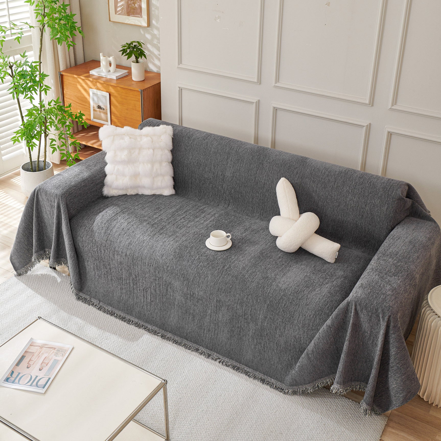 Solid Color Chenille Sofa Throw Blanket, Cozy & Easy Care Fringed Furniture Protector - Ornate Home