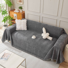 Solid Color Chenille Sofa Throw Blanket, Cozy & Easy Care Fringed Furniture Protector - Ornate Home