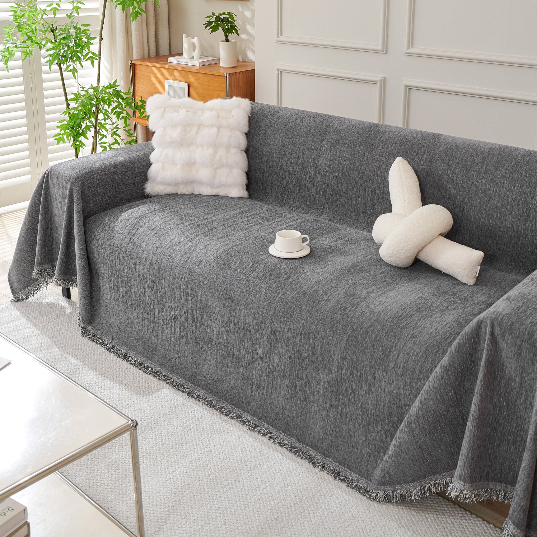 Solid Color Chenille Sofa Throw Blanket, Cozy & Easy Care Fringed Furniture Protector - Ornate Home