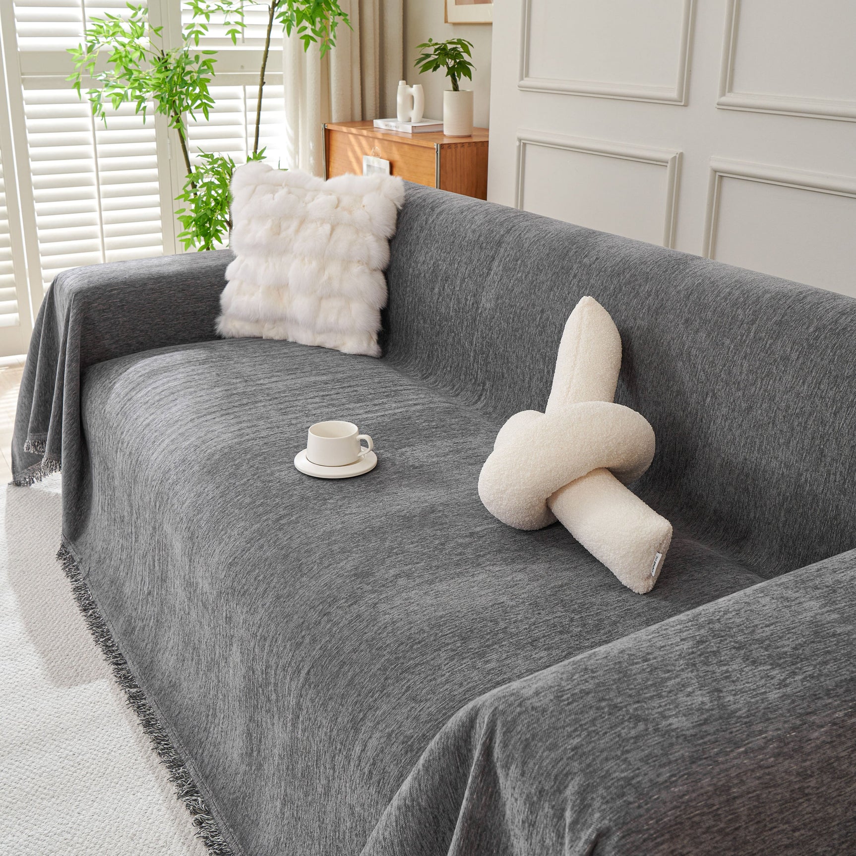 Solid Color Chenille Sofa Throw Blanket, Cozy & Easy Care Fringed Furniture Protector - Ornate Home