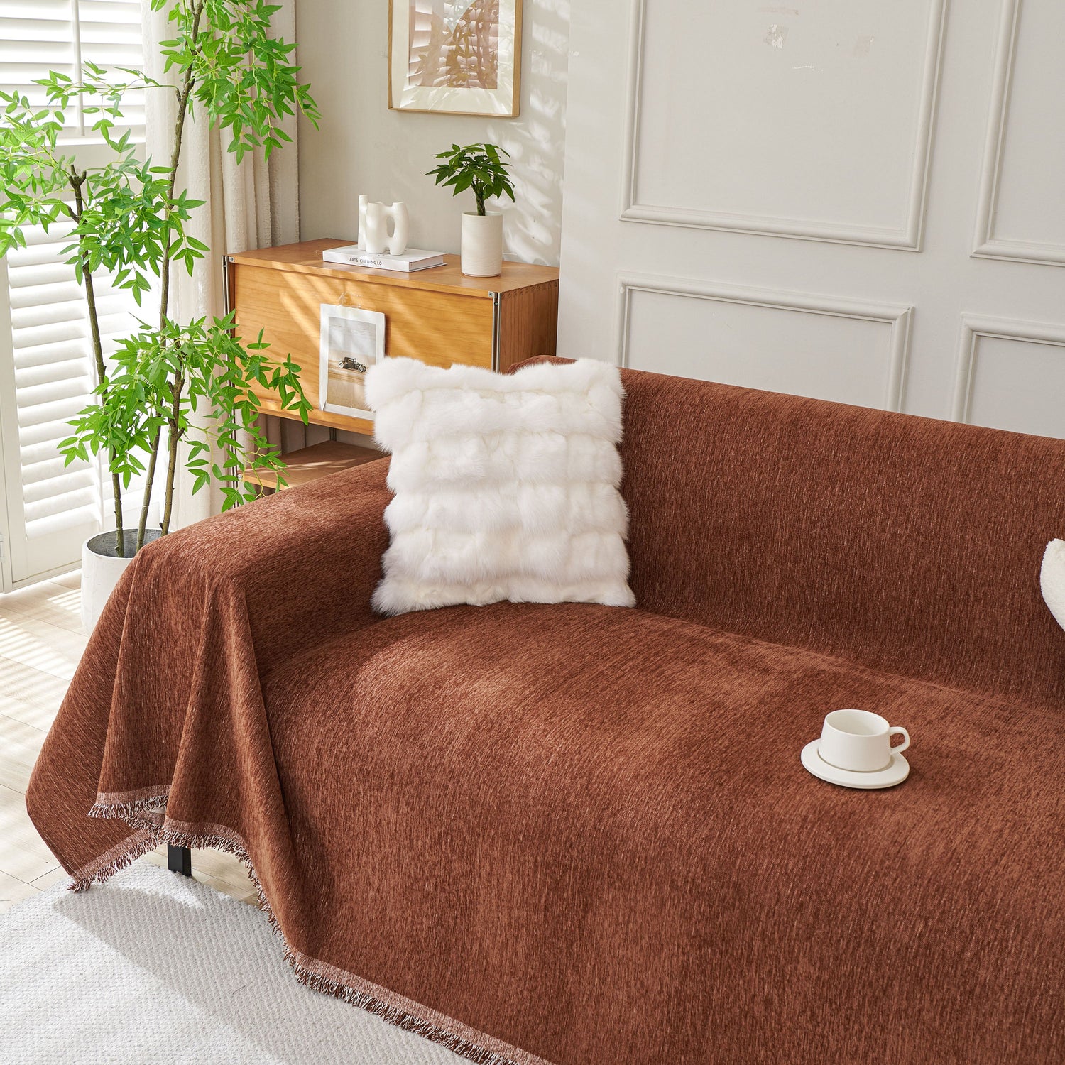Solid Color Chenille Sofa Throw Blanket, Modern Decor Soft Couch Cover with Fringes - Ornate Home