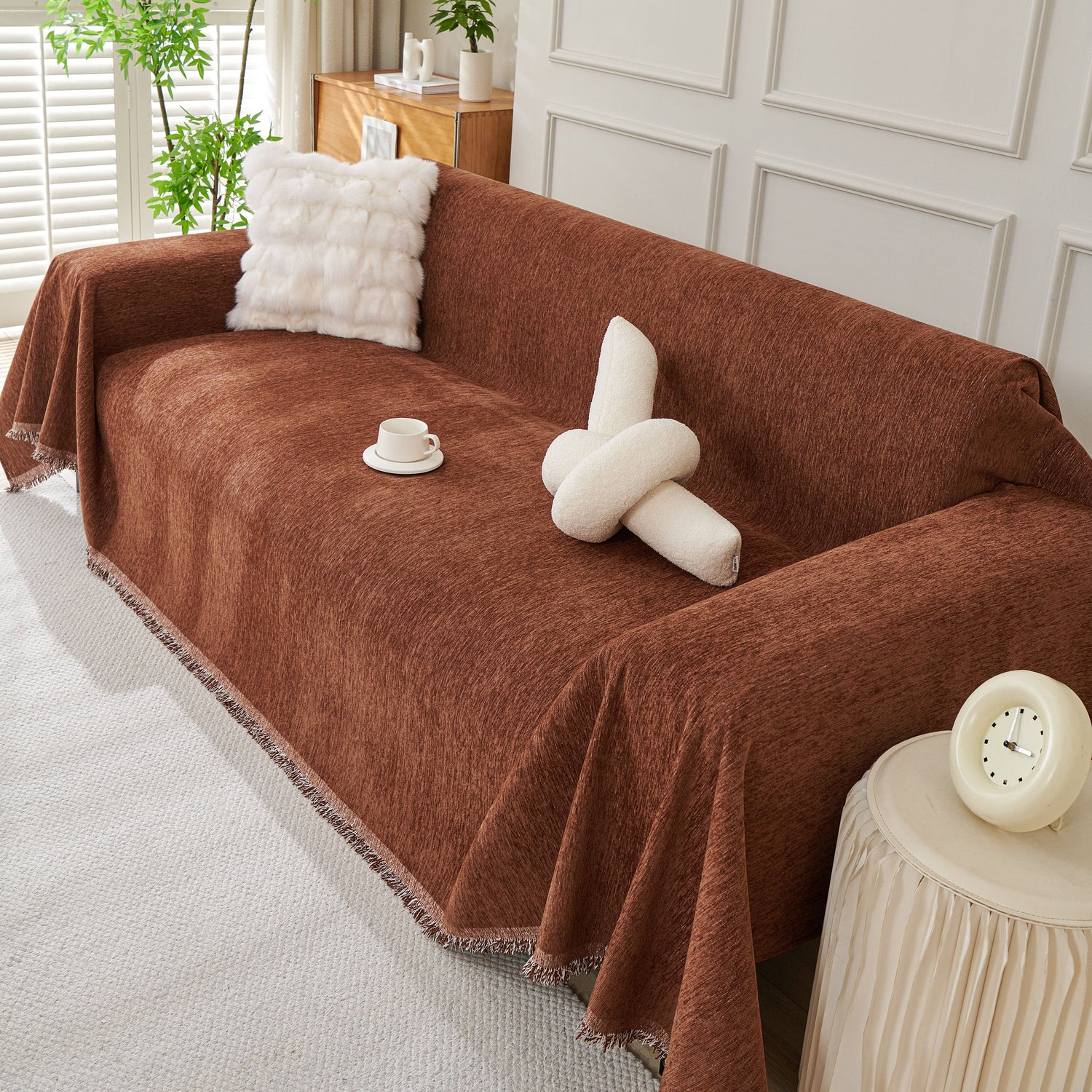 Solid Color Chenille Sofa Throw Blanket, Modern Decor Soft Couch Cover with Fringes - Ornate Home