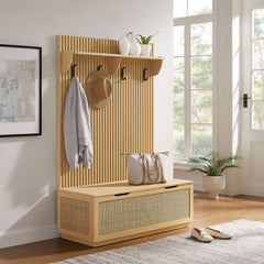 Soma Light Oak Fluted 3-in-1 Hall Tree With Storage Bench and Coat Rack - Ornate Home