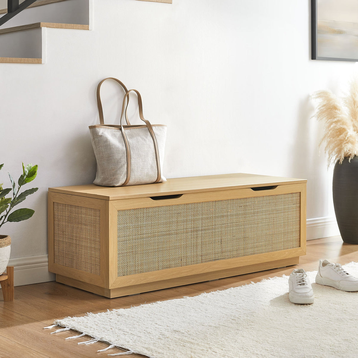 Soma Oak 47" Rattan Storage Bench - Ornate Home