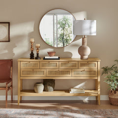 Soma Oak 62 Inch Rattan Console Table - Ornate Home