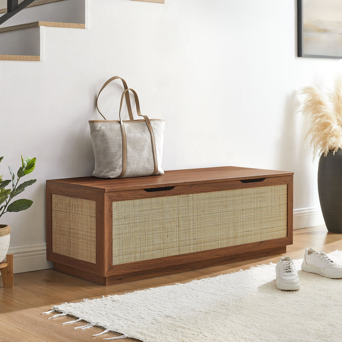 Soma Walnut 47" Rattan Storage Bench - Ornate Home