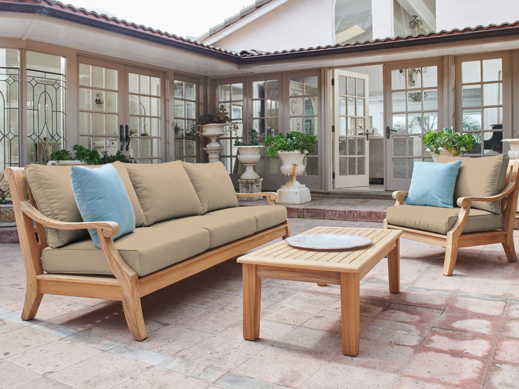 Sonoma 3-Person Teak Fawn Outdoor Sofa with Sunbrella® Cushion - Ornate Home