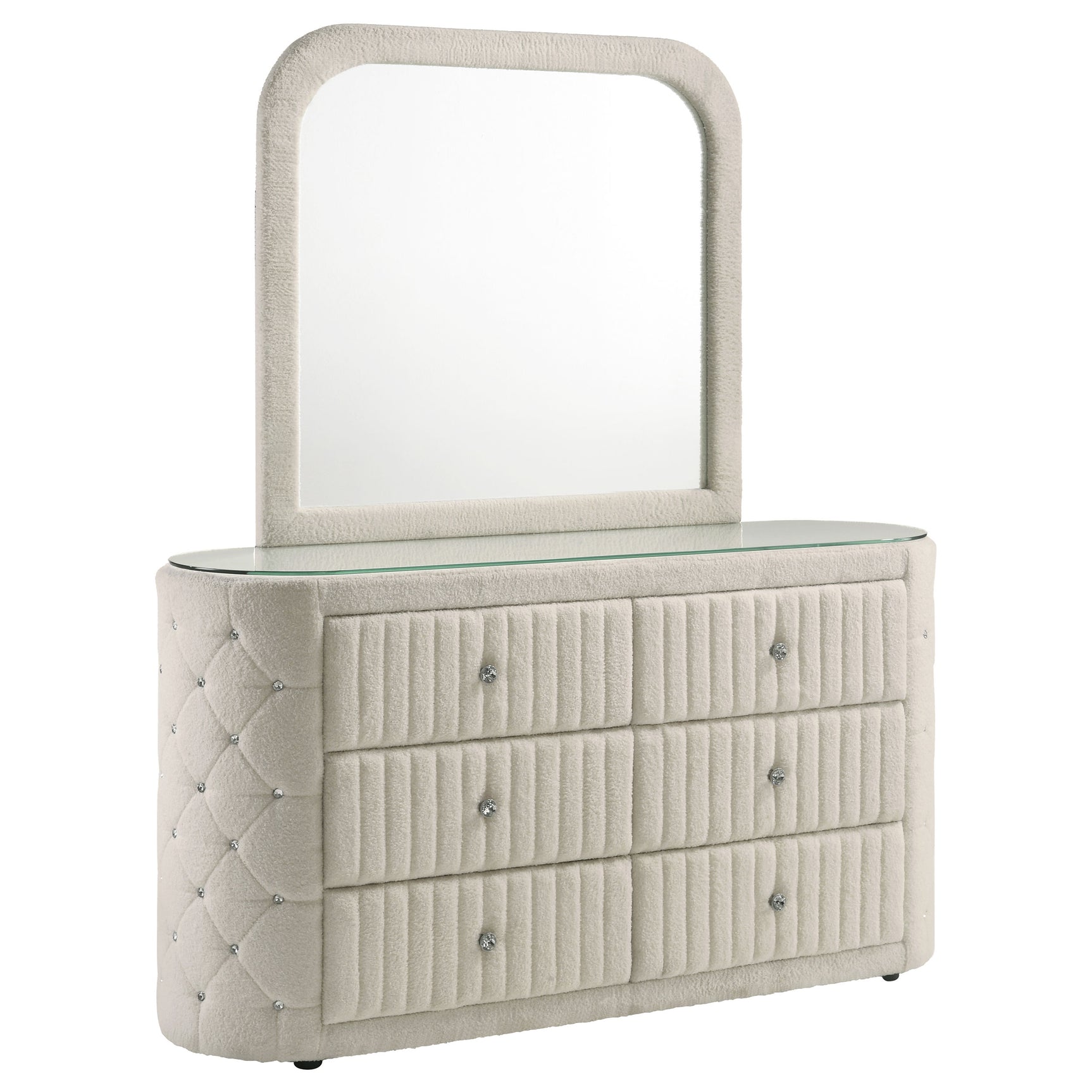 Sonya Ivory 6-drawer Upholstered Bedroom Dresser with Mirror - Ornate Home