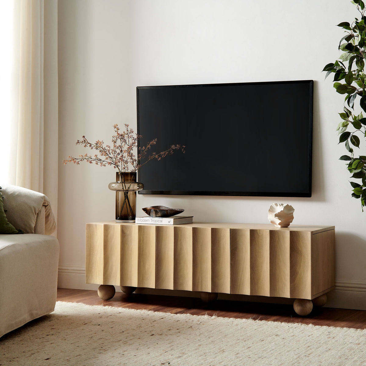 Sorren Natural Scalloped 54" Wood TV Stand - Ornate Home