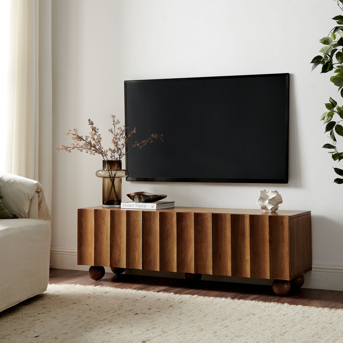 Sorren Walnut Scalloped 54" Wood TV Stand - Ornate Home