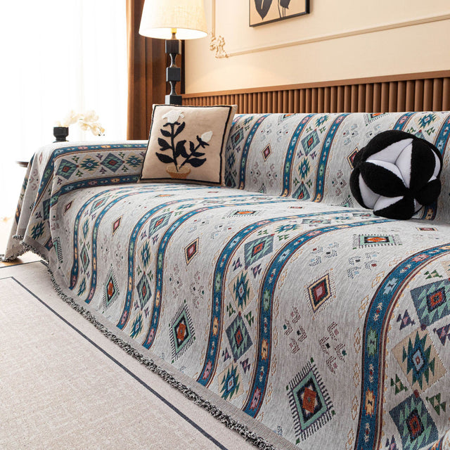 Southwestern Boho Woven Tribal Sofa Cover Blanket, Rustic Farmhouse Couch Throw Cover - Ornate Home