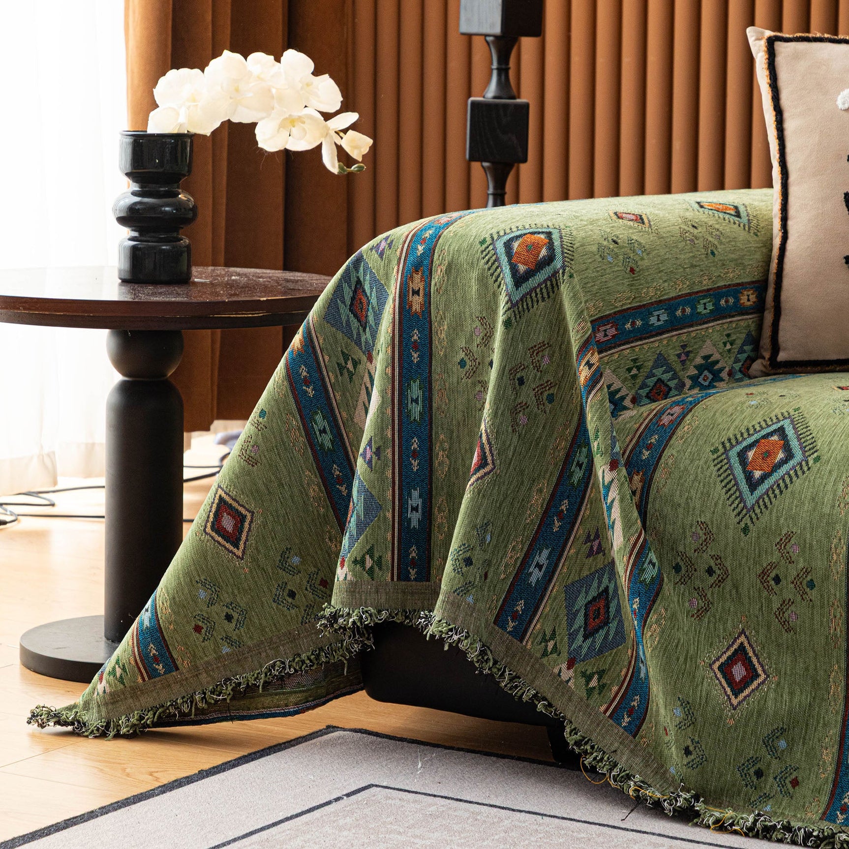 Southwestern Boho Woven Tribal Sofa Cover Blanket, Rustic Farmhouse Couch Throw Cover - Ornate Home