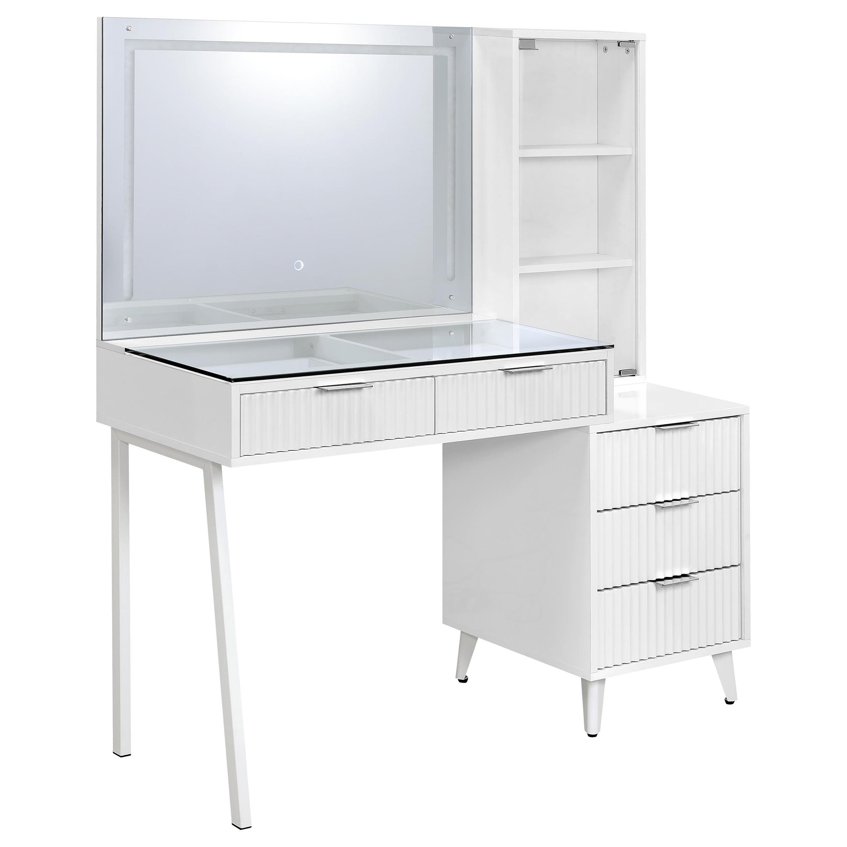 Souza White High Gloss 5-Drawer Makeup Vanity Table With LED Mirror - Ornate Home