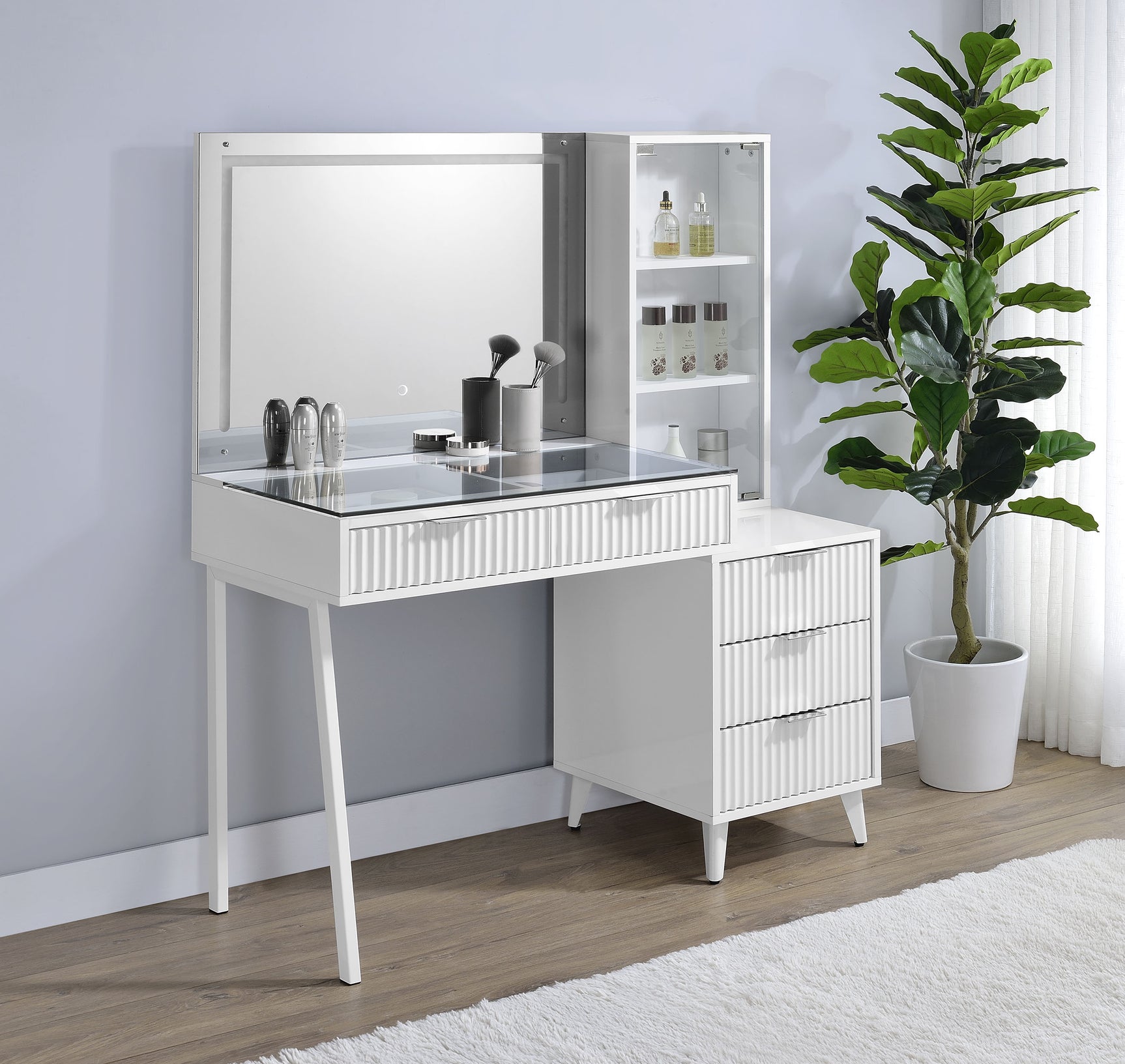 Souza White High Gloss 5-Drawer Makeup Vanity Table With LED Mirror - Ornate Home