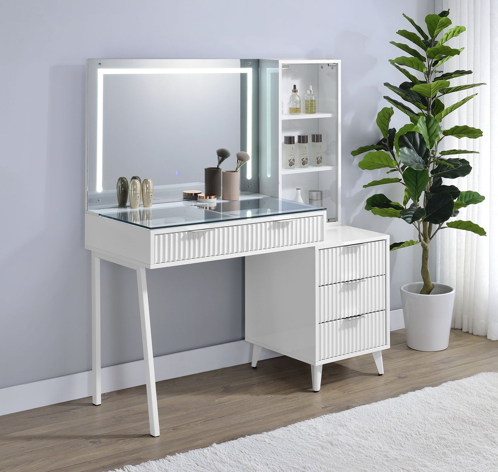 Souza White High Gloss 5-Drawer Makeup Vanity Table With LED Mirror - Ornate Home