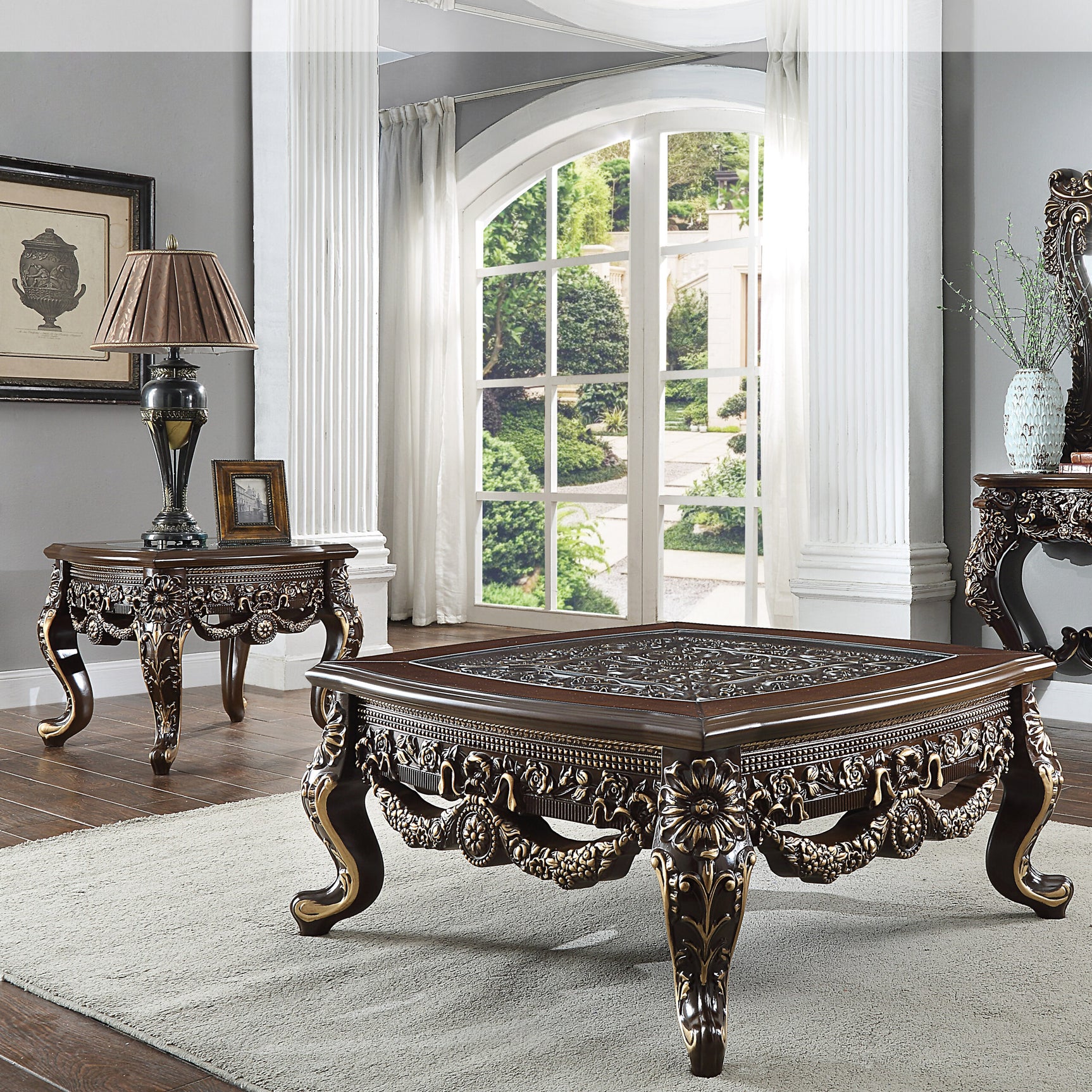 Sovereign Cherry/Antique Gold 3pc Coffee Table Set  / HD-3905 - Ornate Home
