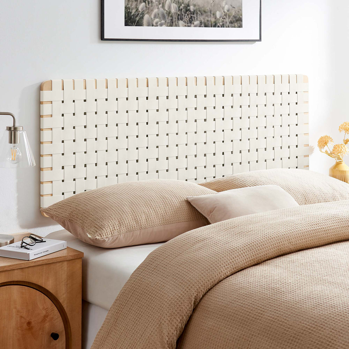 Sparta Natural/Beige Weave Wall-Mount Vegan Leather Queen Headboard - Ornate Home