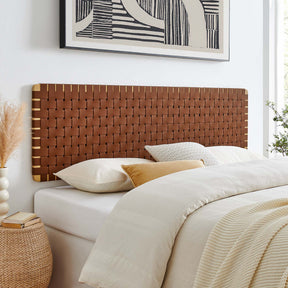 Sparta Natural/Brown Weave Wall-Mount Vegan Leather King Headboard - Ornate Home