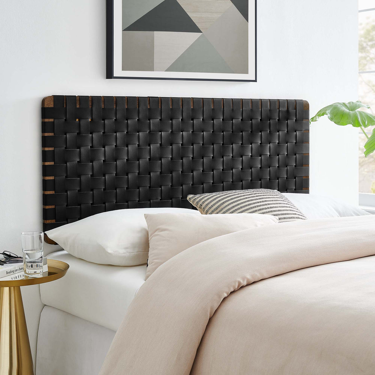 Sparta Walnut/Black Weave Vegan Leather Full Headboard - 1x55.5x22.6" - Ornate Home