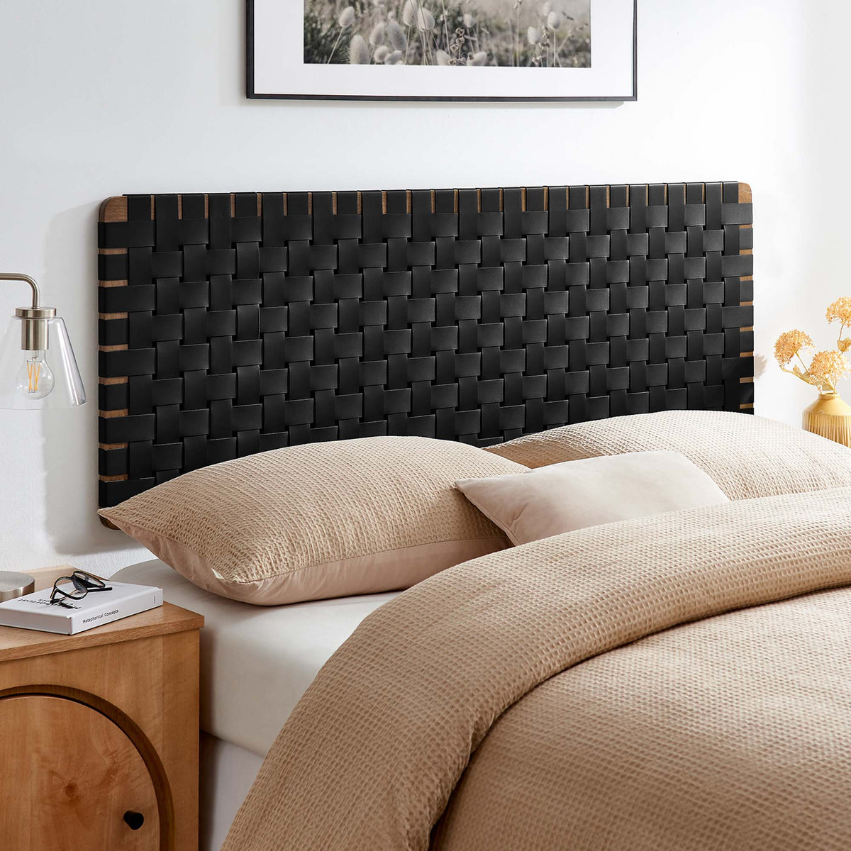 Sparta Walnut/Black Weave Wall-Mount Vegan Leather Queen Headboard - Ornate Home