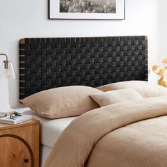 Sparta Walnut/Black Weave Wall-Mount Vegan Leather Queen Headboard - Ornate Home