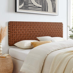 Sparta Walnut/Brown Weave Wall-Mount Vegan Leather King Headboard - Ornate Home