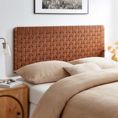 Sparta Walnut/Brown Weave Wall-Mount Vegan Leather Queen Headboard - Ornate Home