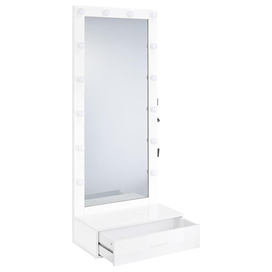 Spector White High Gloss 1-drawer Lighted Full-Length Floor Mirror - Ornate Home