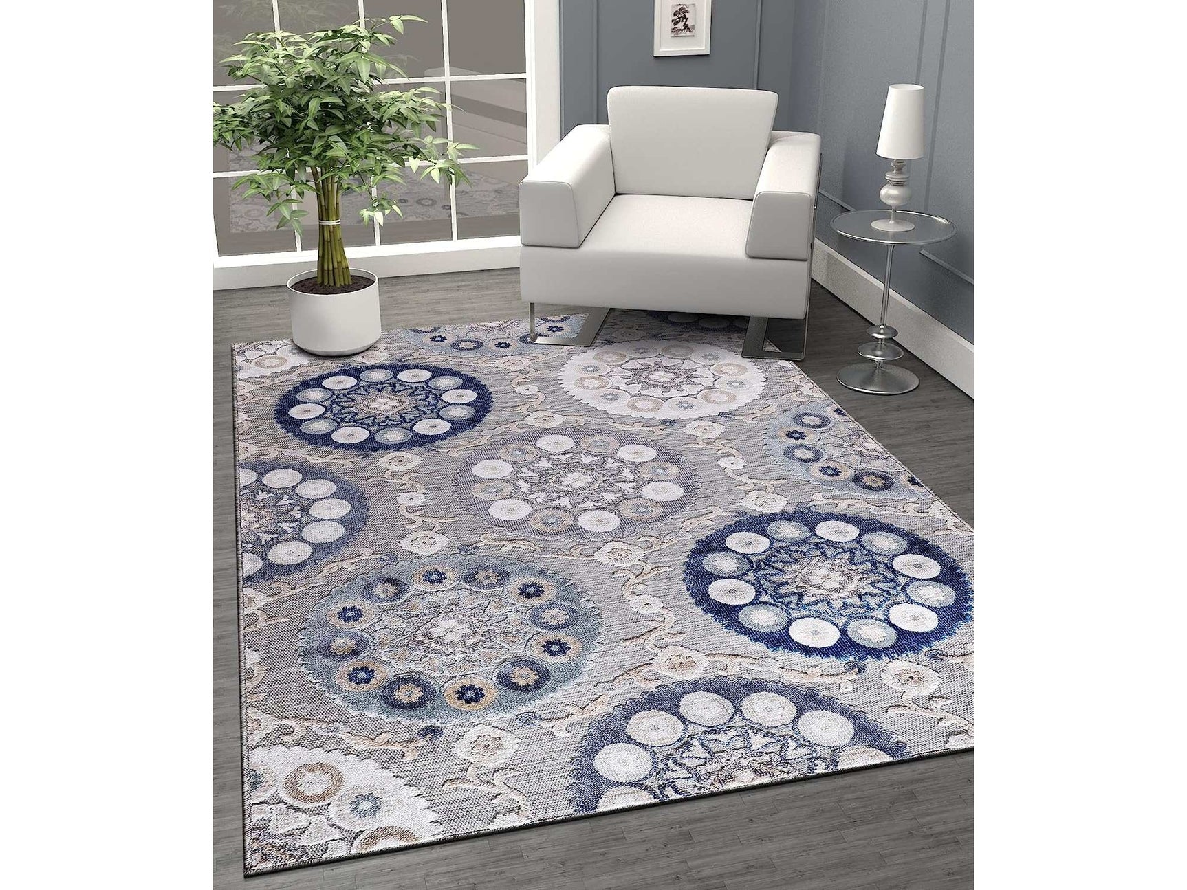 Spring Blue Bohemian Medallion Floral Non-Shedding Indoor/Outdoor Area Rugs - Ornate Home