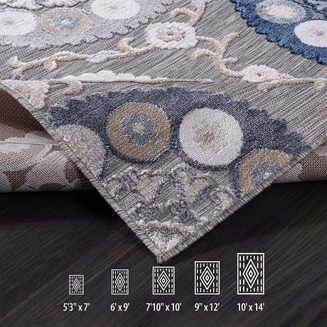 Spring Blue Bohemian Medallion Floral Non-Shedding Indoor/Outdoor Area Rugs - Ornate Home