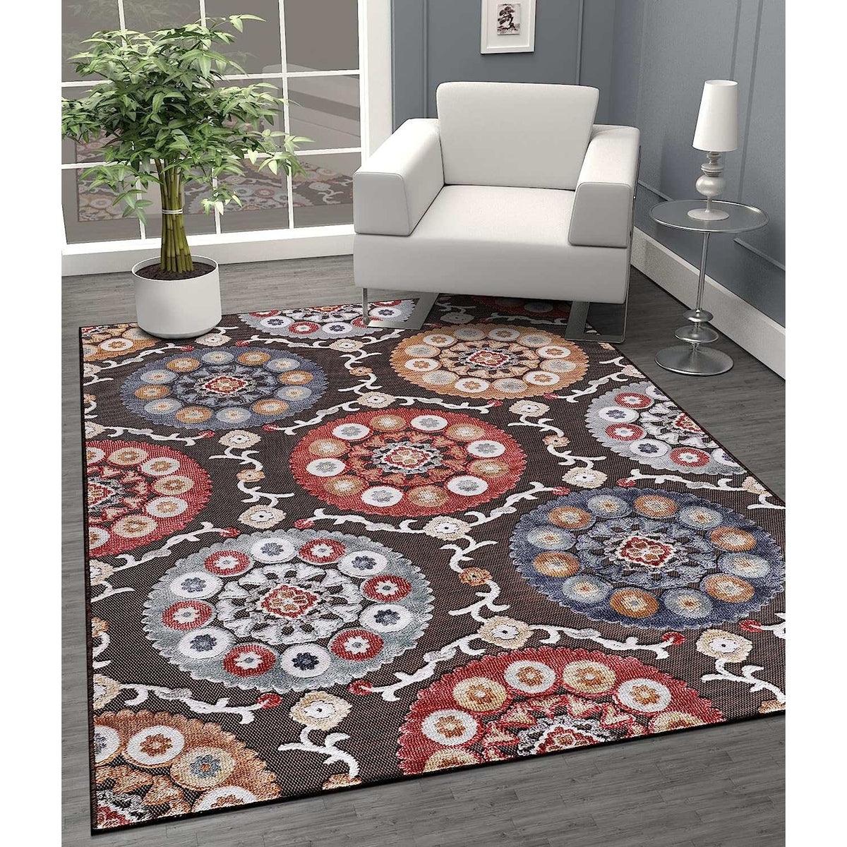 Spring Brown Bohemian Medallion Floral Non-Shedding Indoor/Outdoor Area ...