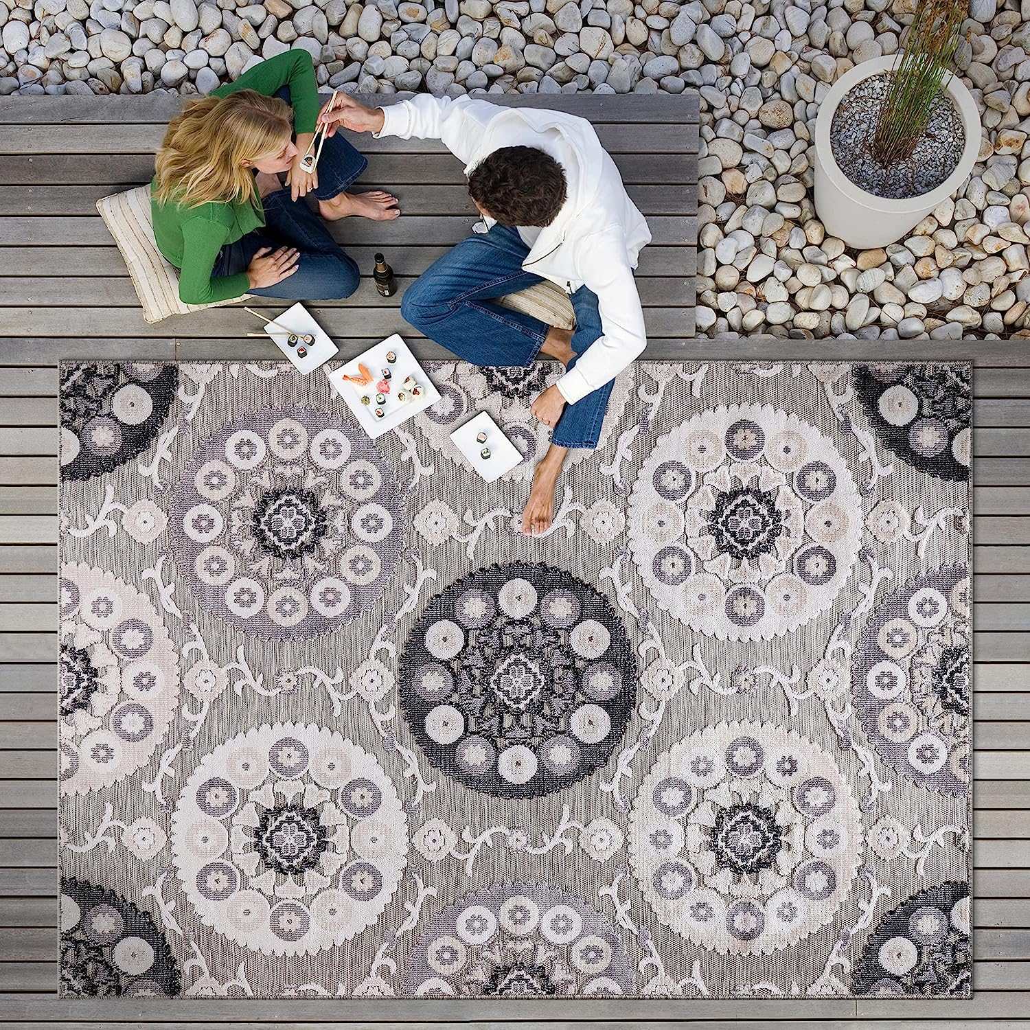 Spring Gray Bohemian Medallion Floral Non-Shedding Indoor/Outdoor Area Rugs - Ornate Home