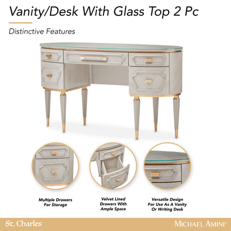 St. Charles Dove Gray Vanity Desk with Glass Top - Ornate Home