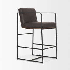 Stamford Charcoal-Brown Leather Seat with Wood Back Metal Counter Stool